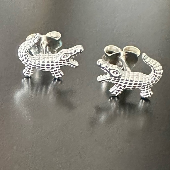 Sterling Silver Tiny Crocodile Stud Earrings - Picture 3 of 8